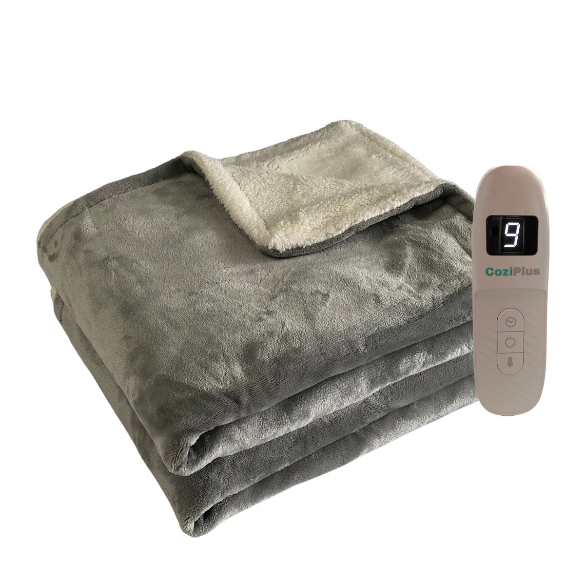 Neatly folded light grey heated throw with controller