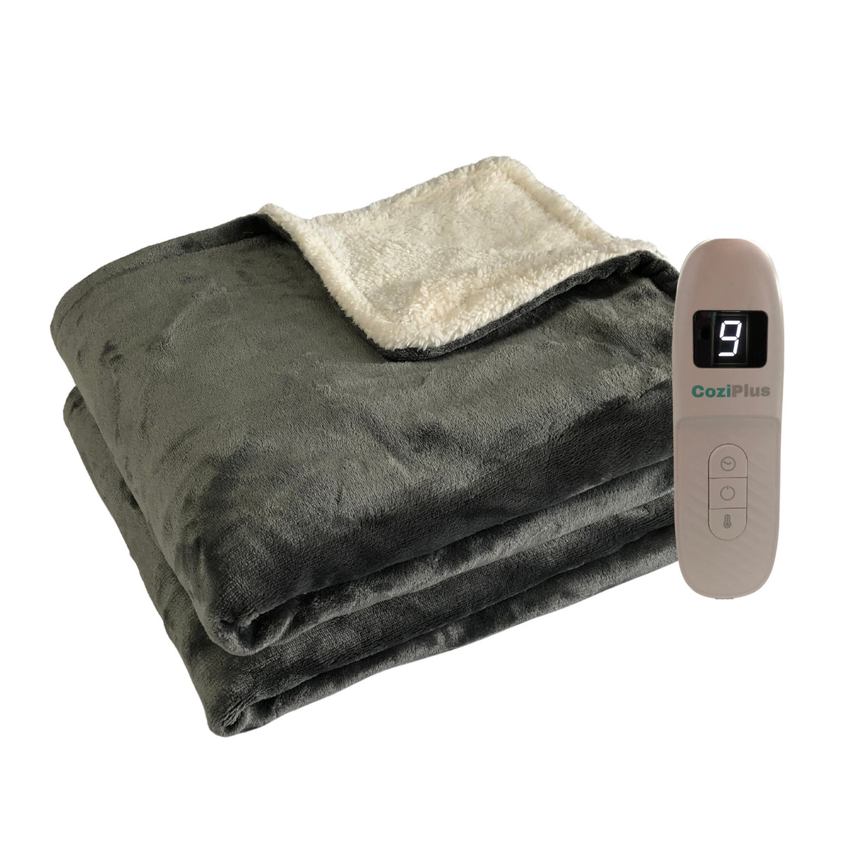 Neatly folded grey heated throw with controller