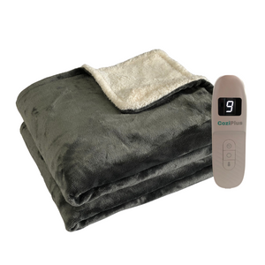 Neatly folded grey heated throw with controller