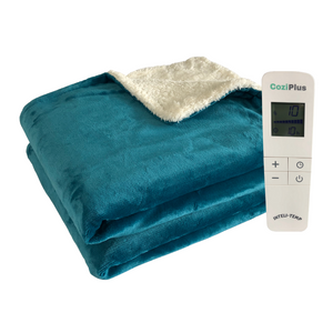 Neatly folded teal heated blanket for sofa with controller