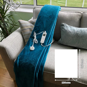 Teal sherpa heated blanket for sofa showing 160x130cms size