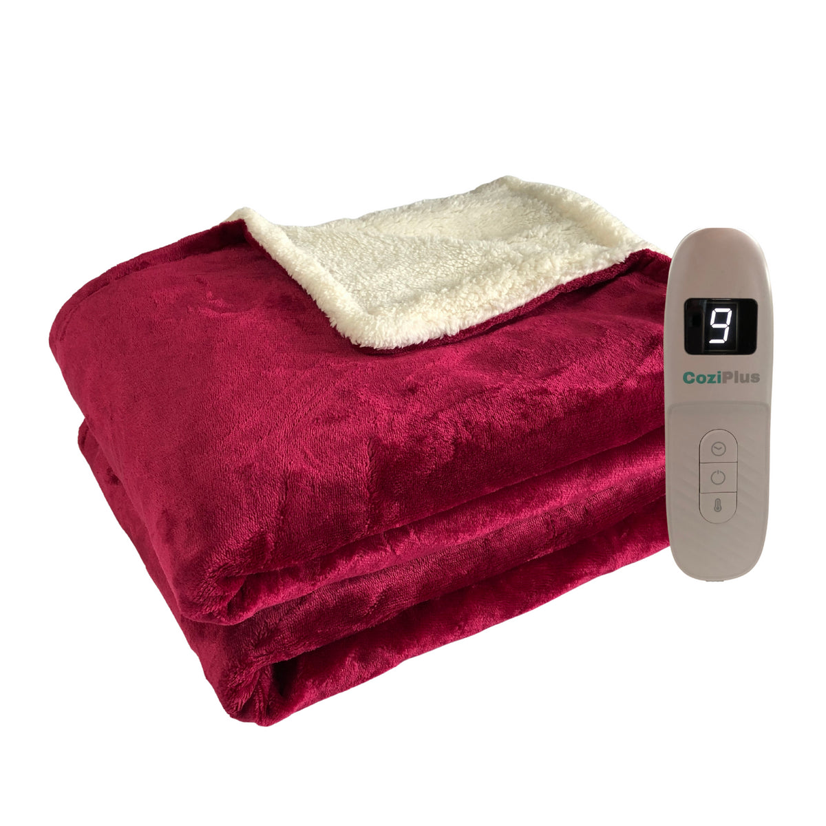 Neatly folded raspberry red heated throw with controller