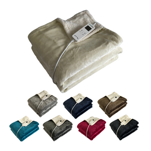 Neatly folded cream, light grey, navy, brown, teal, grey, red, black heated throws