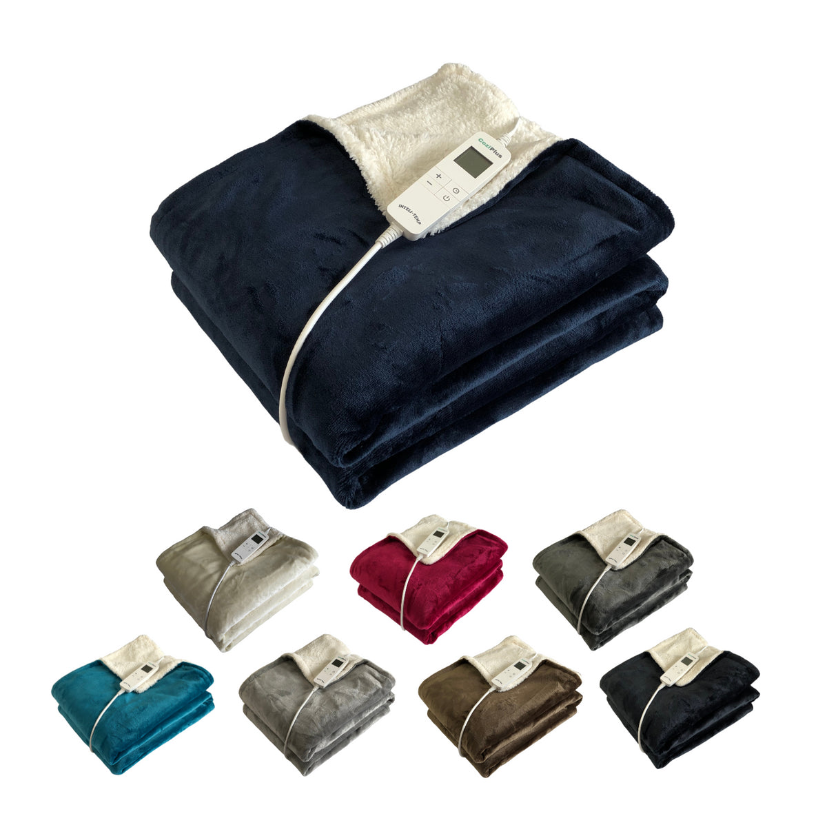 Neatly folded navy heated throw with controller
