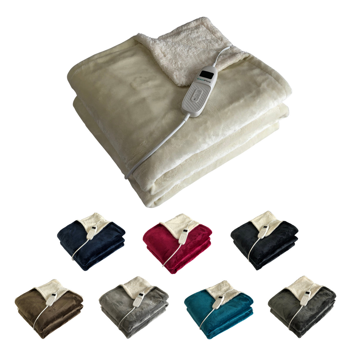 Neatly folded cream heated sherpa throw with controller