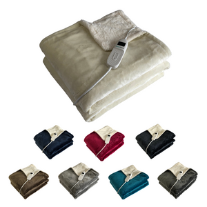 A group of neatly folded sherpa heated throws in 8 colours