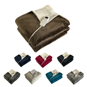 A group of neatly folded sherpa heated throws in 8 colours