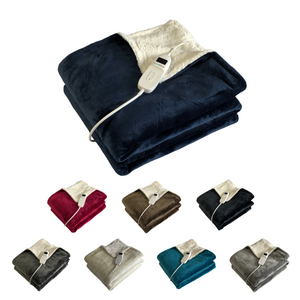 Navy, red, brown, black, grey, cream, teal, light grey neatly folded electric over blankets