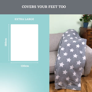 Photo showing the size of a Coziplus double heated blanket 180x130cms, extra large that covers your feet too.